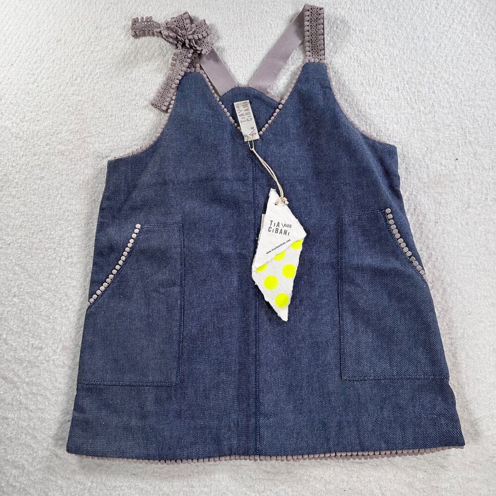 Tia Cibani Kids Apron Shift Dress Girls 3/4 Year Old Blue Denim Lace Bow New